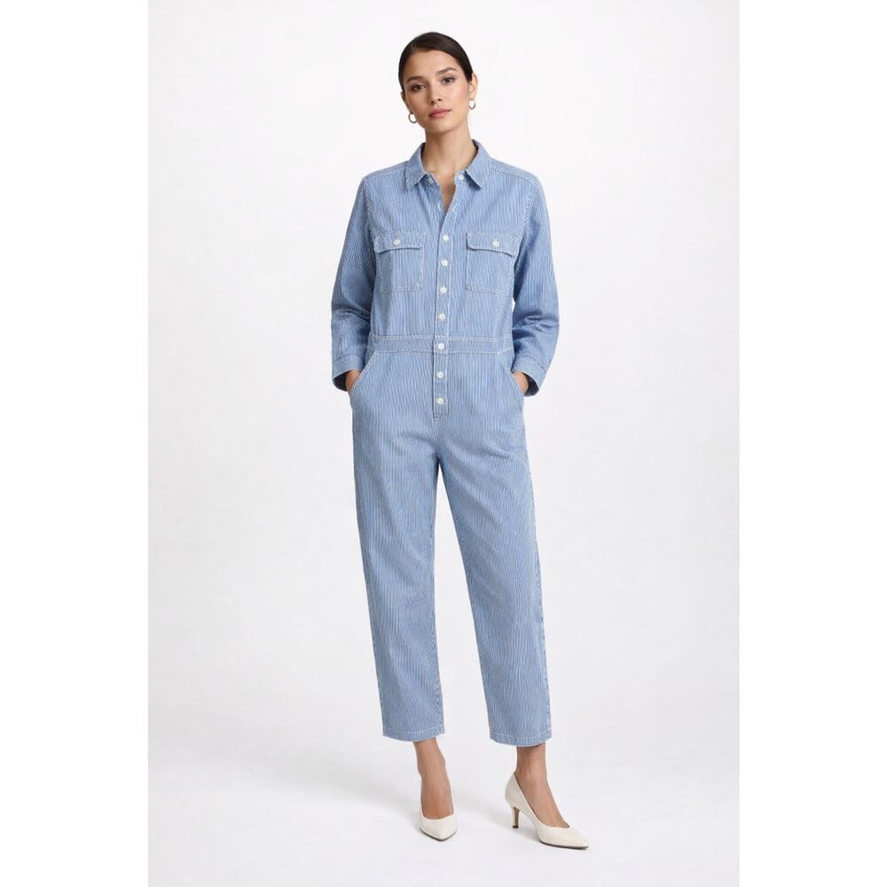 Outerknown Womens Overall Jumpsuit Size M Blue Stripe Linen Coastal Minimalist - Picture 1 of 16
